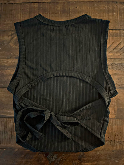 Ribbed Black Tie Back Top