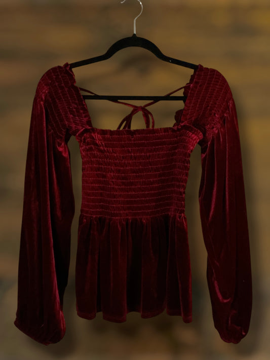 Burgundy Velvet Puff Sleeve Top