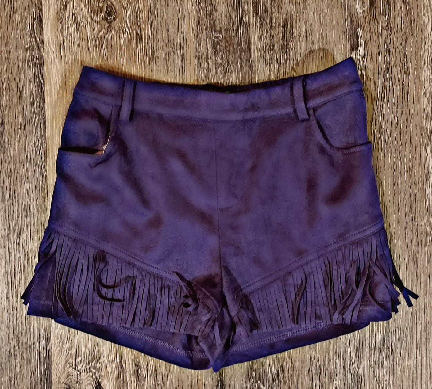 Purple Fringe Suede Shorts