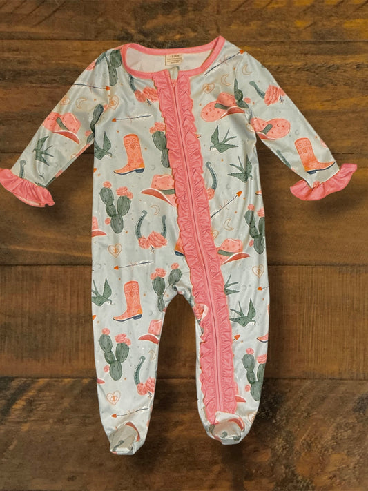 Girl’s Zip Up Romper - Green/Pink Western Print