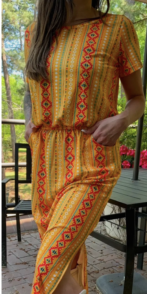 Long Yellow Aztec Dress