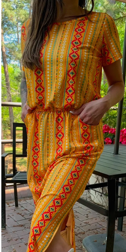 Long Yellow Aztec Dress