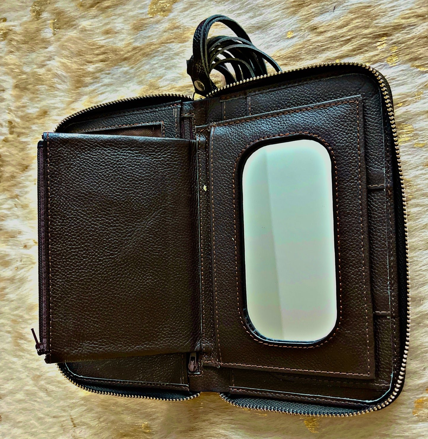 Dark Brown Cowhide and Leather Zippered Wallet