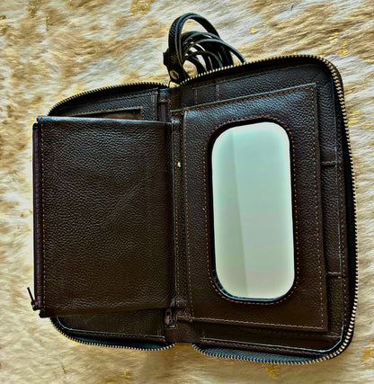 Dark Brown Cowhide and Leather Zippered Wallet