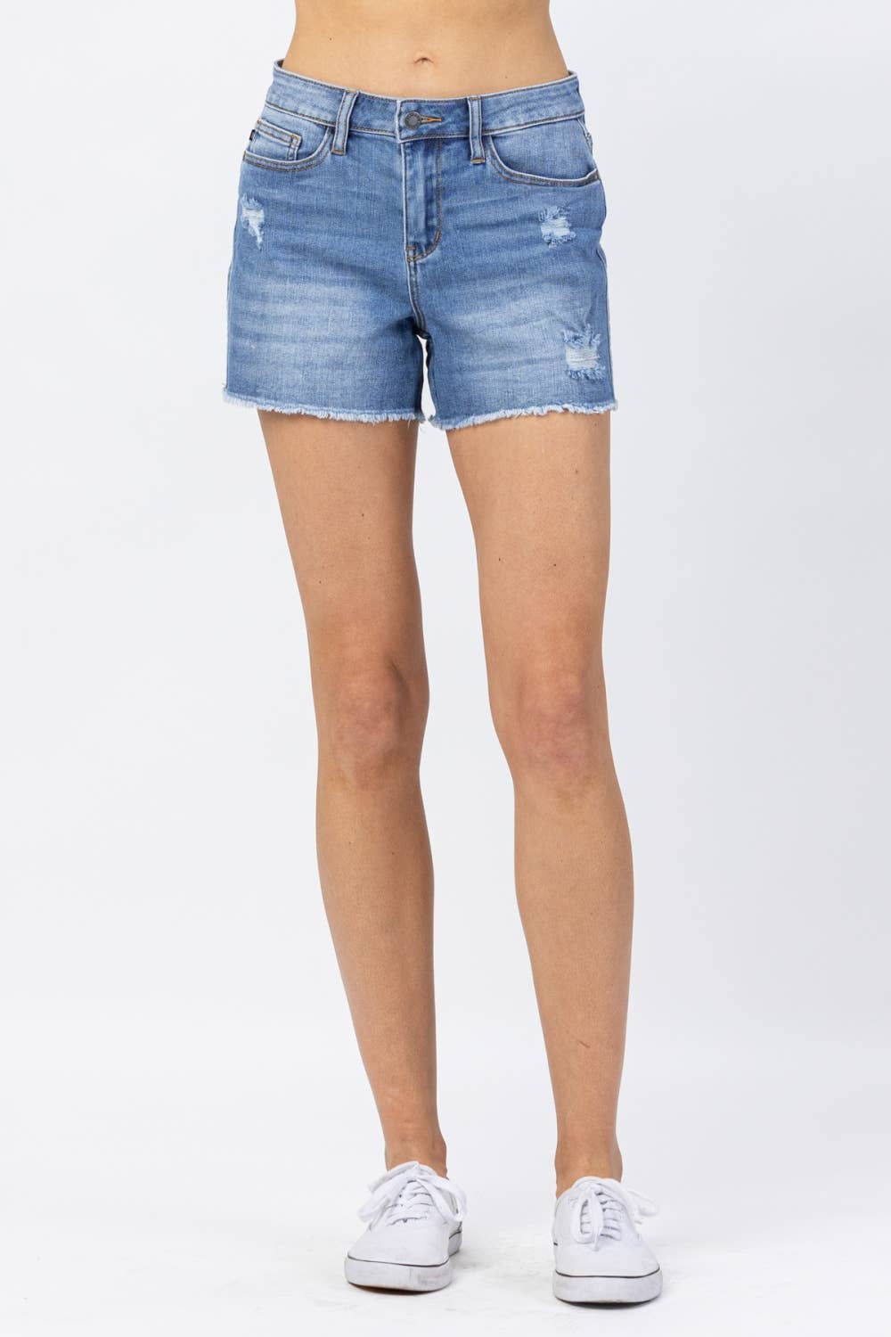 “Rachel” - High Waisted Distressed Shorts in Medium Blue