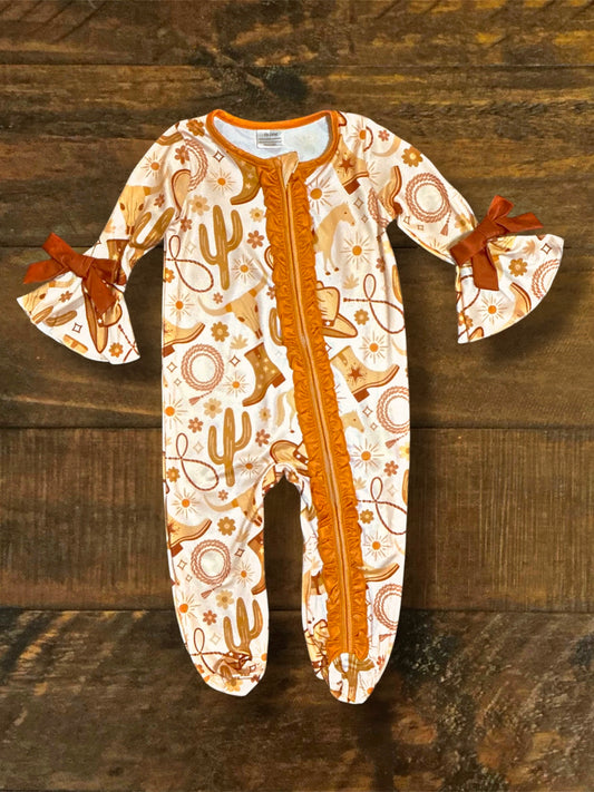 Girl’s Zip Up Romper - Brown/Pink Western Print