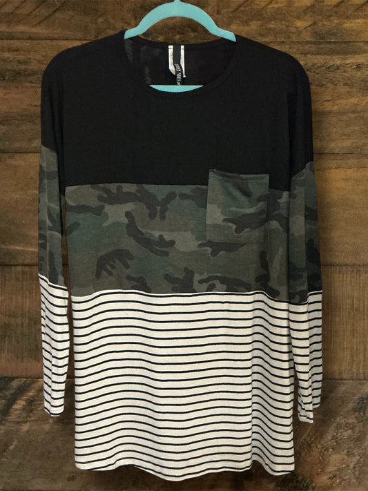 Black/Camo/Stripes Top