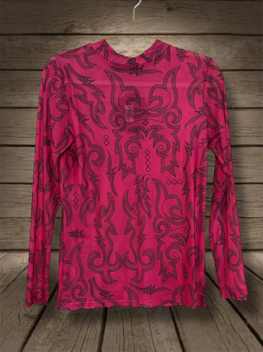 Long Sleeve Pink Boot Stitch Mesh Top