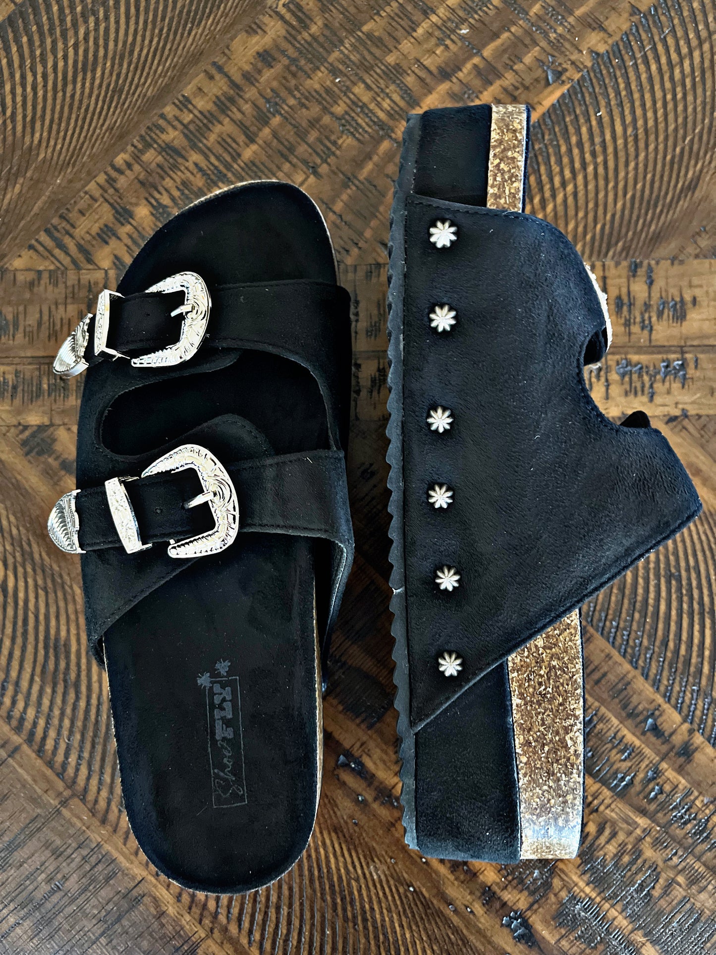 Black Western Buckle Sandals