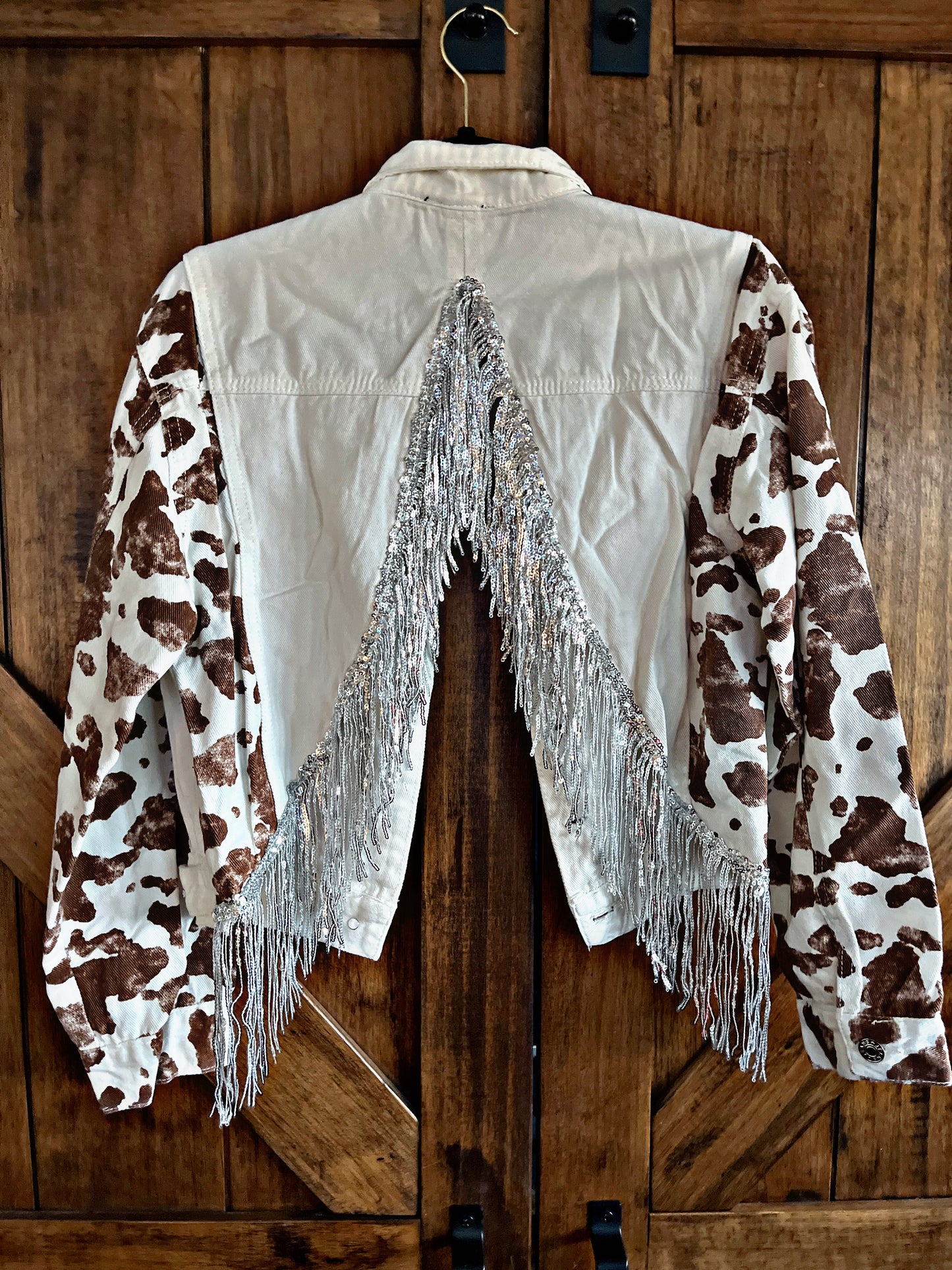 White Cow Print Jacket w Rhinestone Fringe