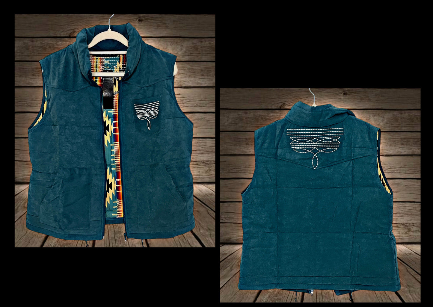 Teal Puffer Boot Stitch and Aztec Detailed Vest