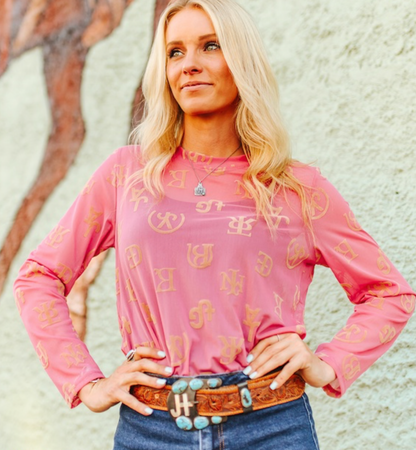 Burnout Pink Brand Mesh Top