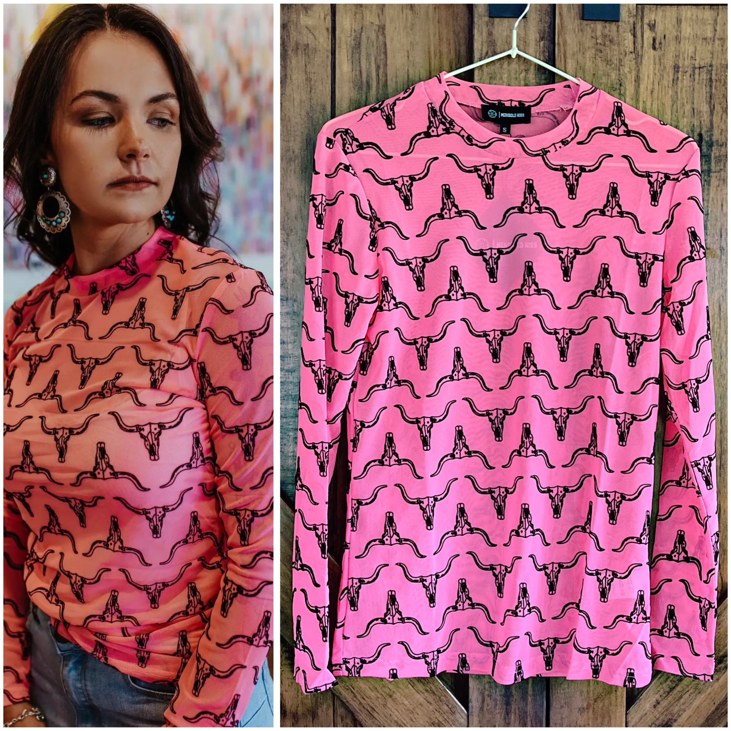 Neon Pink Longhorn Skull 3D Mesh Top