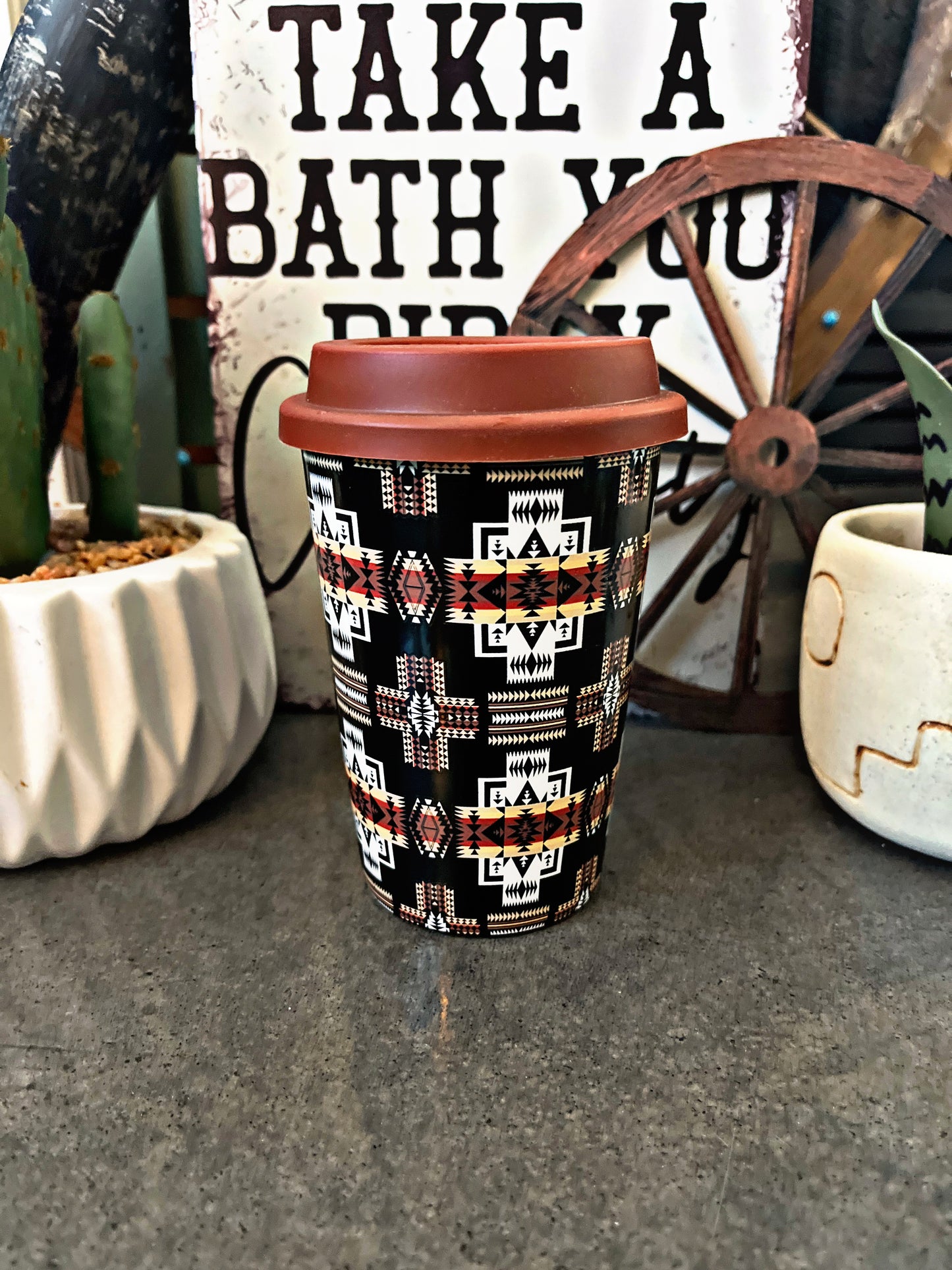 Ceramic Black Aztec Travel Cup