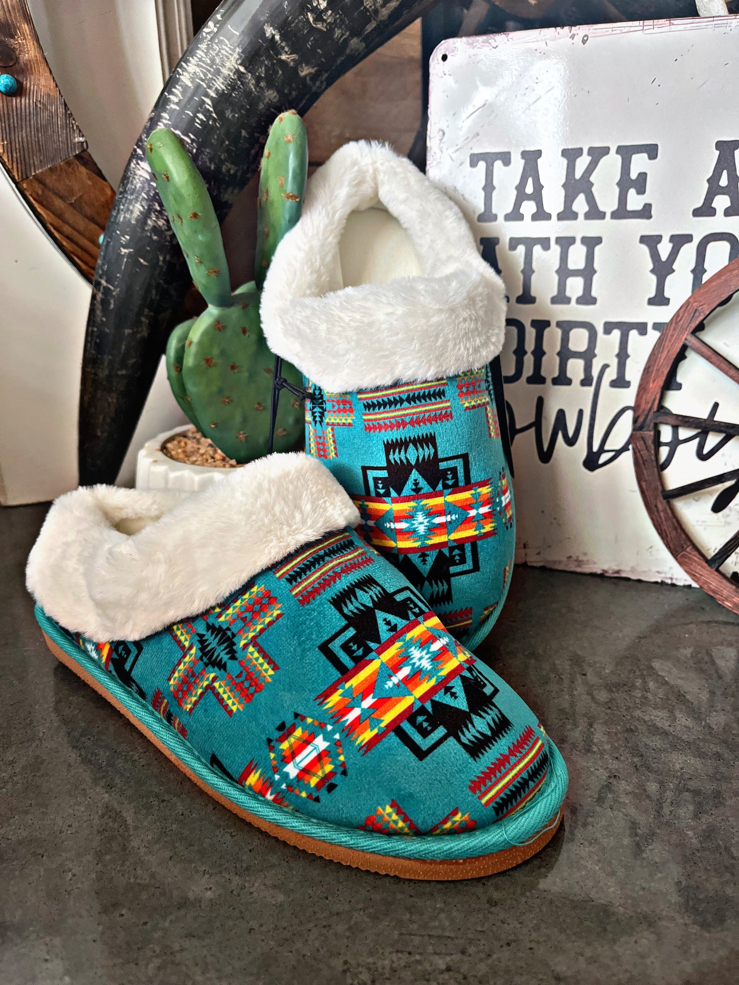 Teal Aztec House Slippers