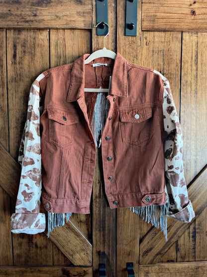 Rust/Cow Print Fringe Back Jacket