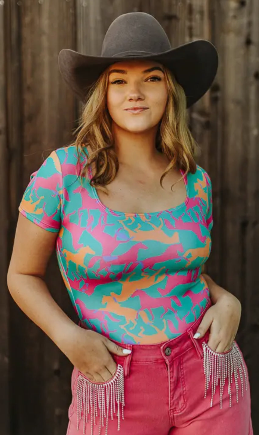 Pink/Teal/Orange Horse Bodysuit