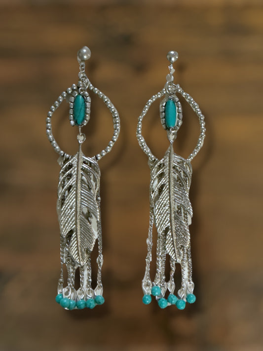Silver and Turquoise Feather Fringe Earrings