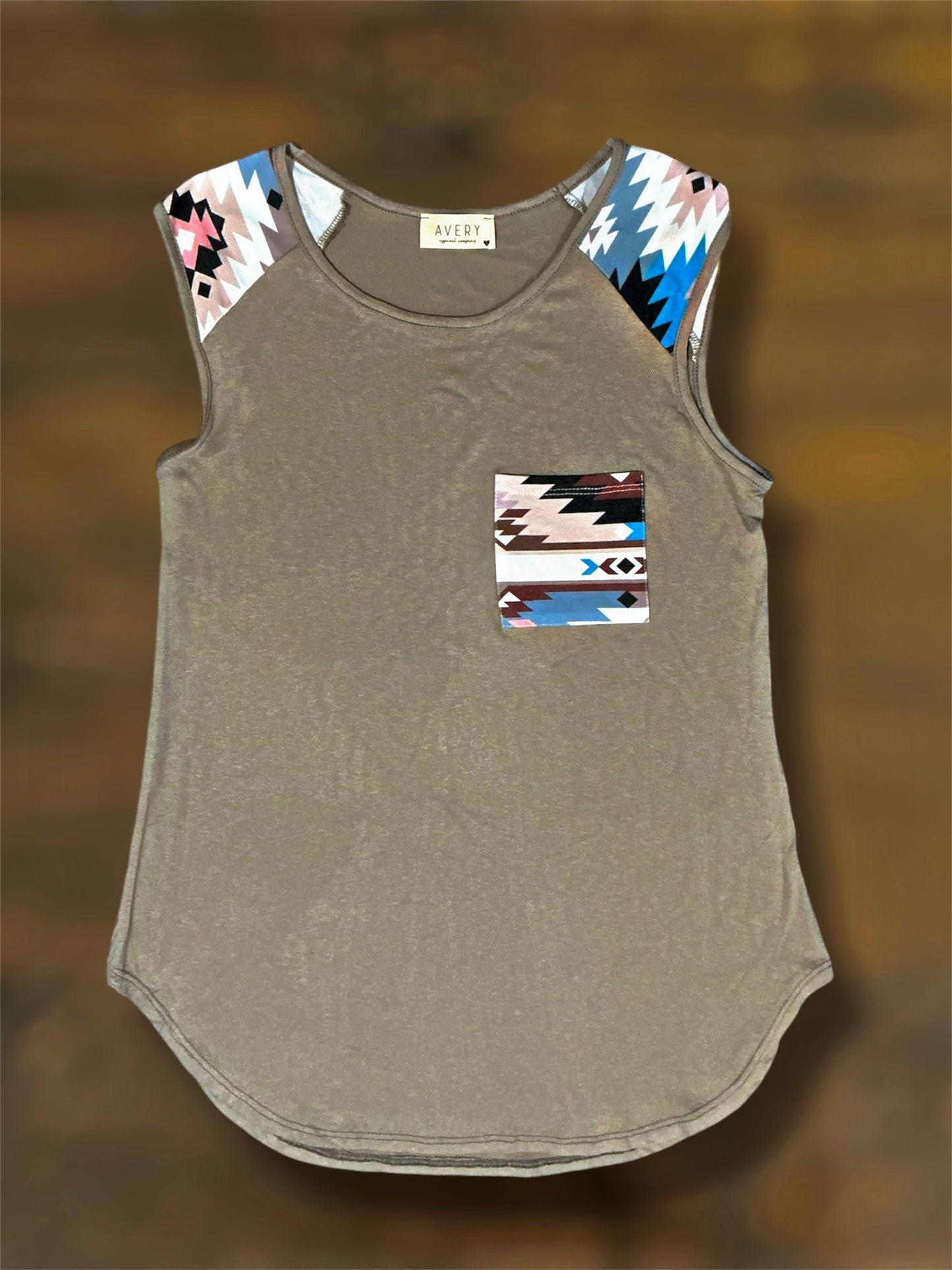 Khaki Cap Sleeve Top with Aztec Accents