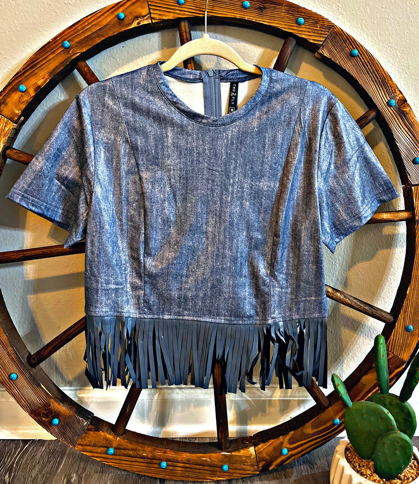 Denim Colored Fringe Crop Top