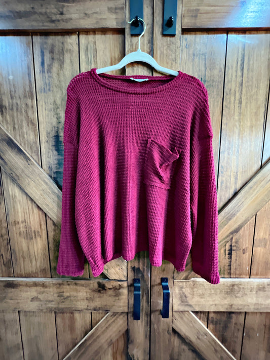 Burgundy Waffle Pocket Long Sleeve Top