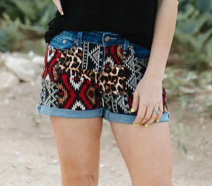 Denim Patched Shorts - Aztec/Animal