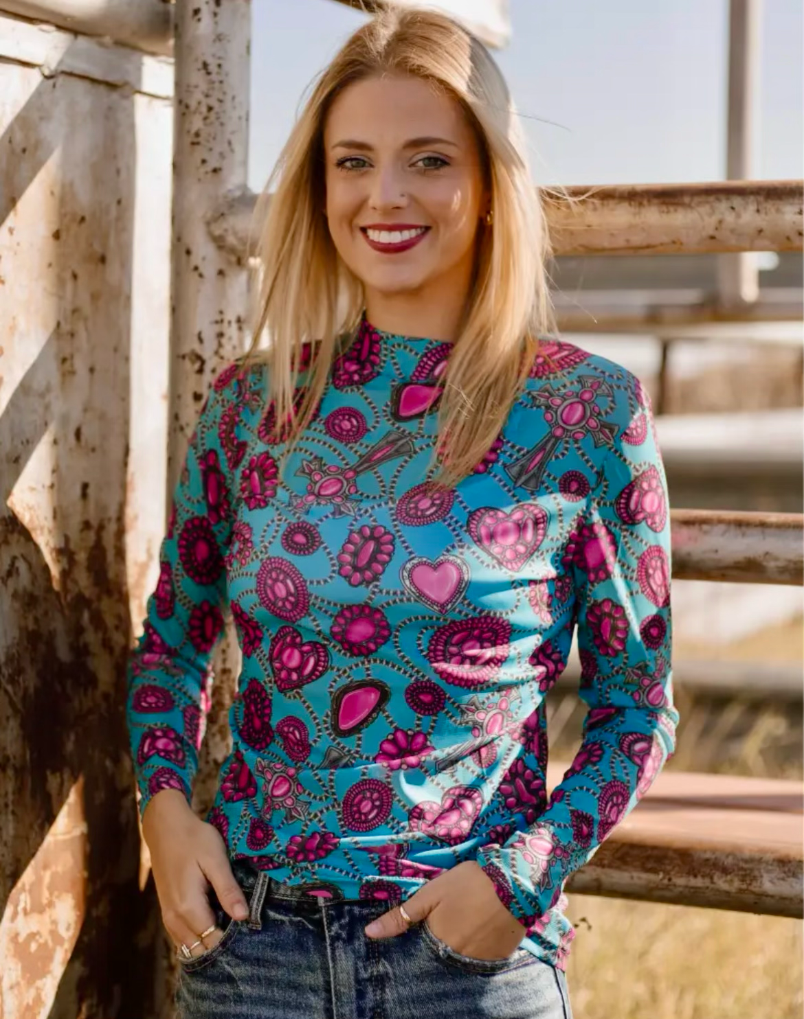 Blue and Pink Concho Mesh Top