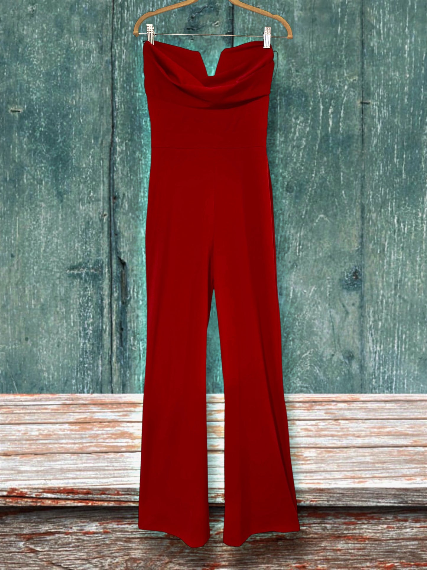 Black or Red Strapless Jumpsuit with Cowl Neckline