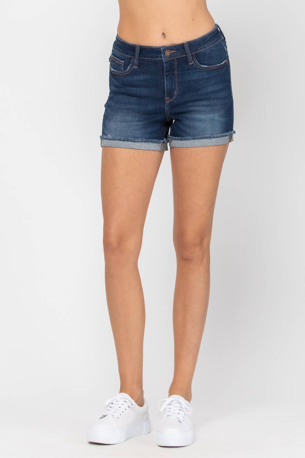 “Harper” - Mid-Rise Cuffed Hem Dark Washed Shorts