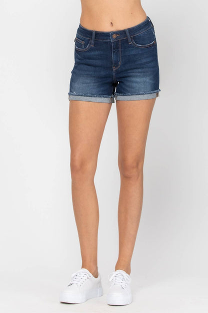 “Harper” - Mid-Rise Cuffed Hem Dark Washed Shorts