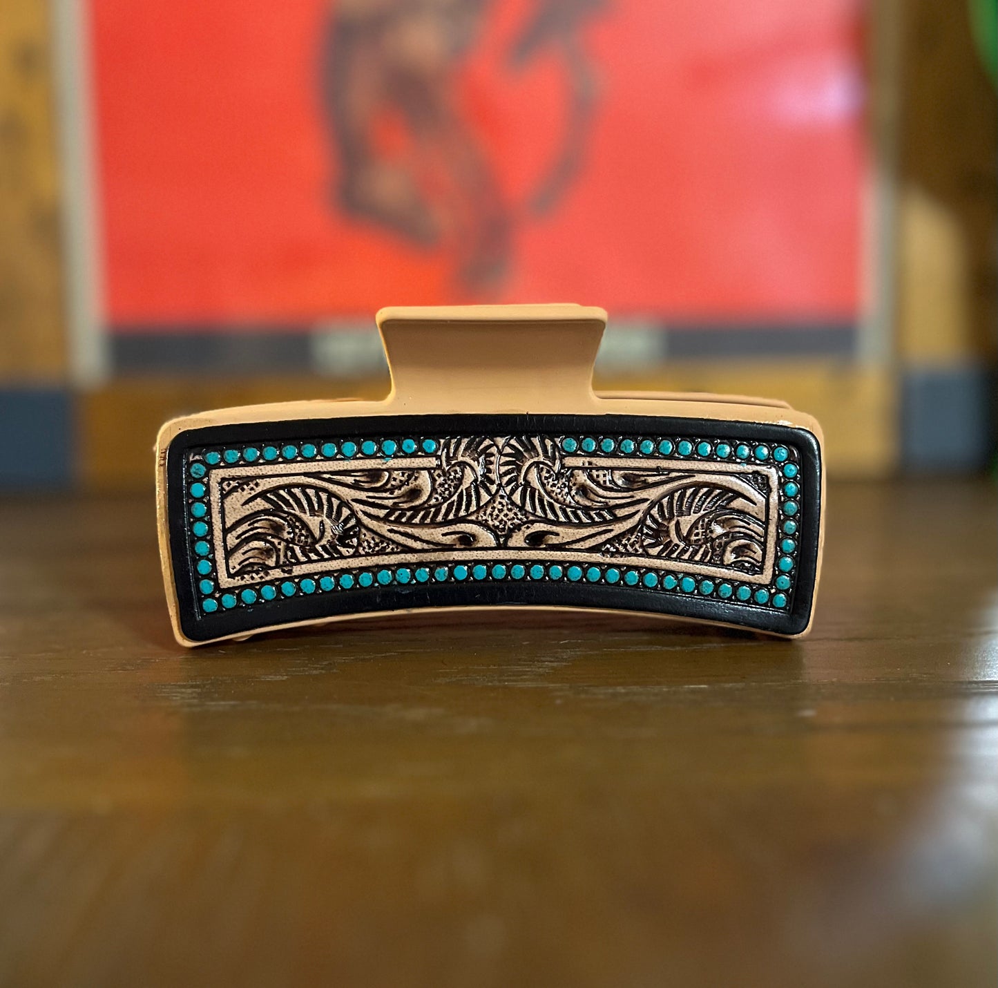 5” Myra Brand Hair Clips/Claws - Tooled Leather/Cowhide