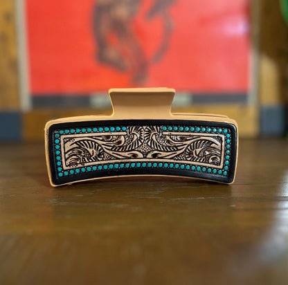 5” Myra Brand Hair Clips/Claws - Tooled Leather/Cowhide
