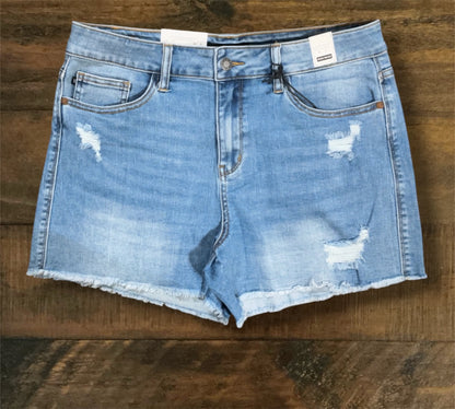 “Rachel” - High Waisted Distressed Shorts in Medium Blue