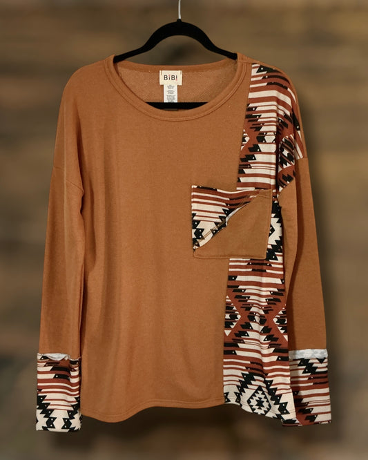 Rust Colored and Aztec Print Pocket Top