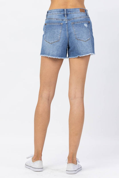 “Rachel” - High Waisted Distressed Shorts in Medium Blue