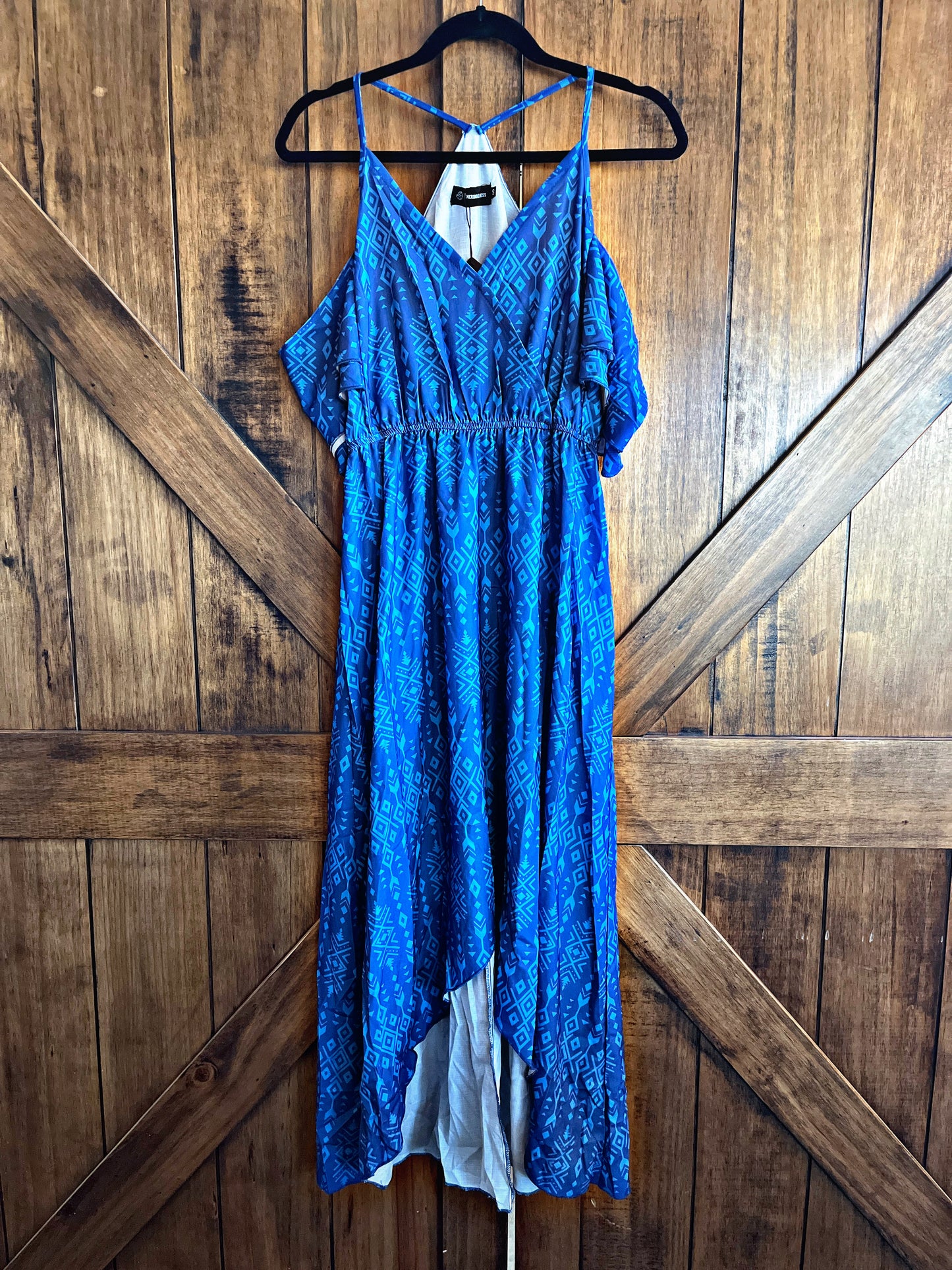 Off the Shoulder Blue Aztec Dress