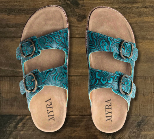 Teal Leather Tooled Sandals