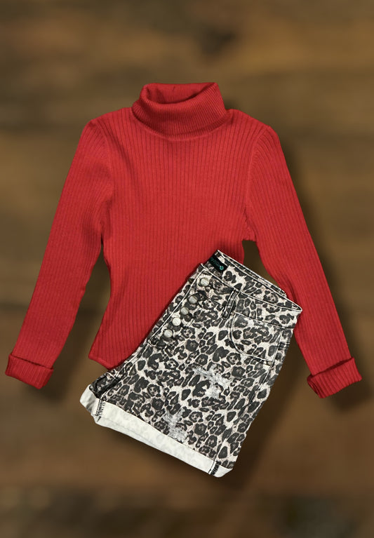 Red Ribbed Turtleneck Bodysuit