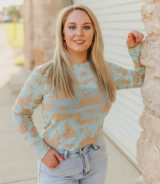 Light Blue/Beige Western Burnout Mesh Top