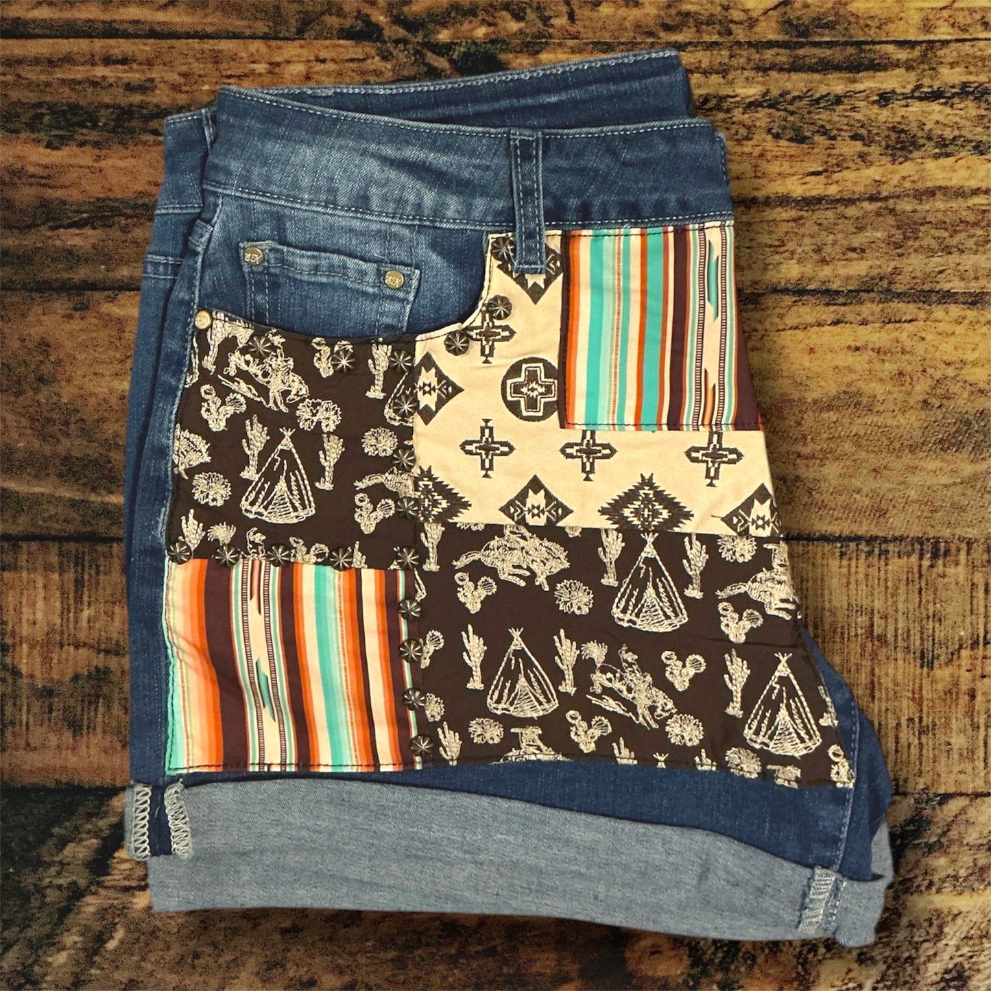Denim Patched Shorts - Serape/Western