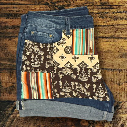 Denim Patched Shorts - Serape/Western
