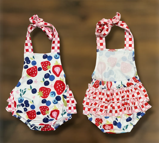 Strawberries and Blueberries Print Ruffle Bottom Onesie