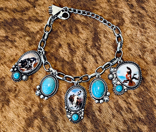 Turquoise and Western Scene Charm Bracelet