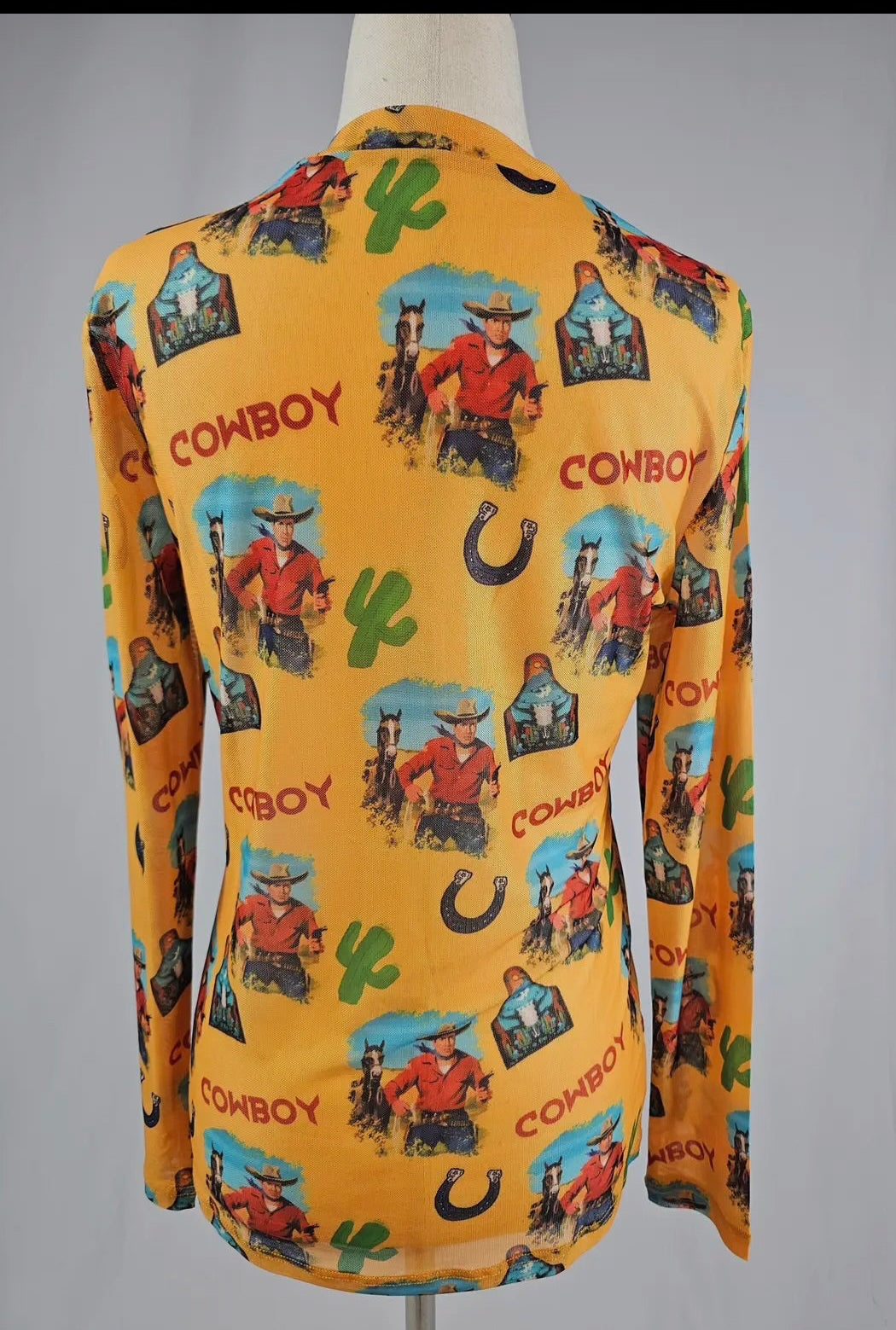 Yellow Western Print Mesh Top