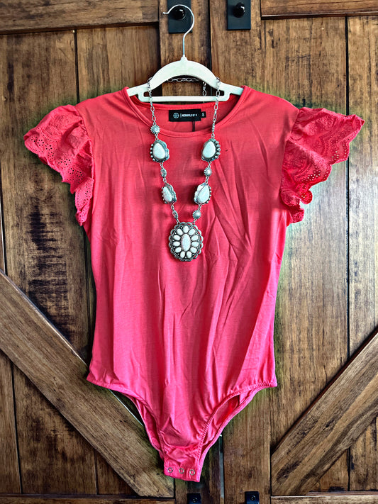 Coral Ruffle Sleeve Bodysuit