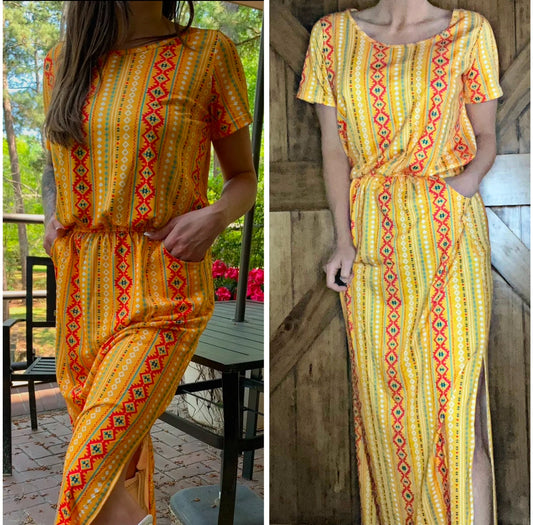 Long Yellow Aztec Dress