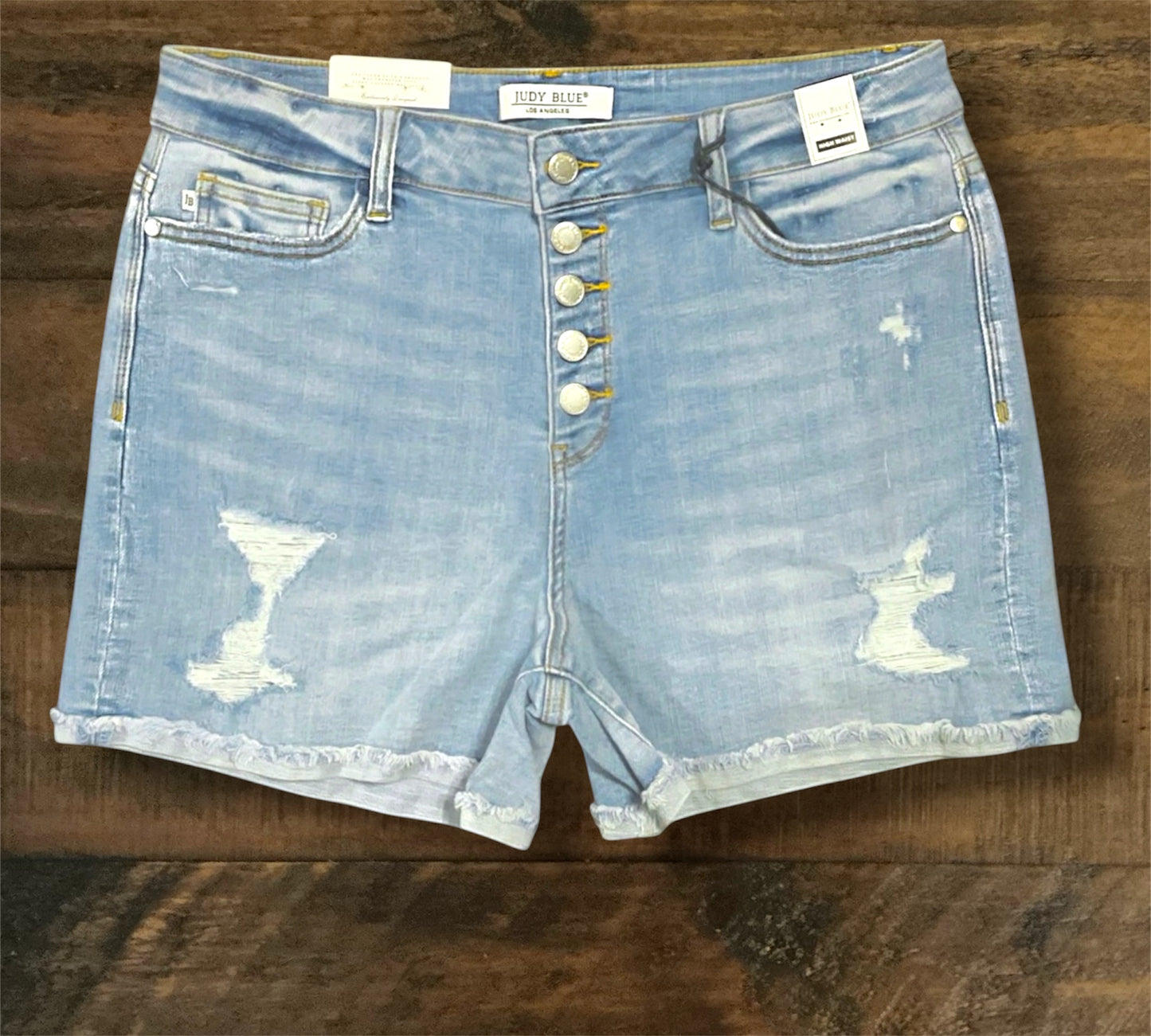 “Olivia” - 5 Button Distressed Shorts