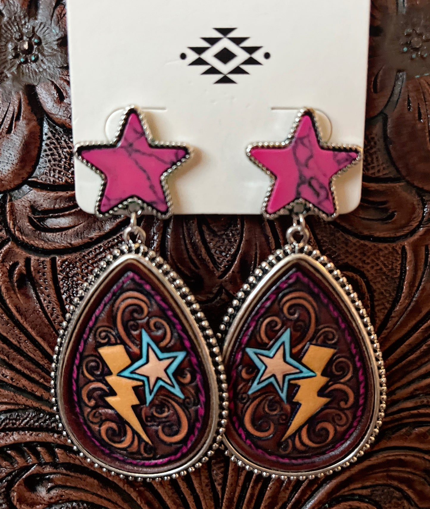 Leather/Star Lightening Bolt Earrings