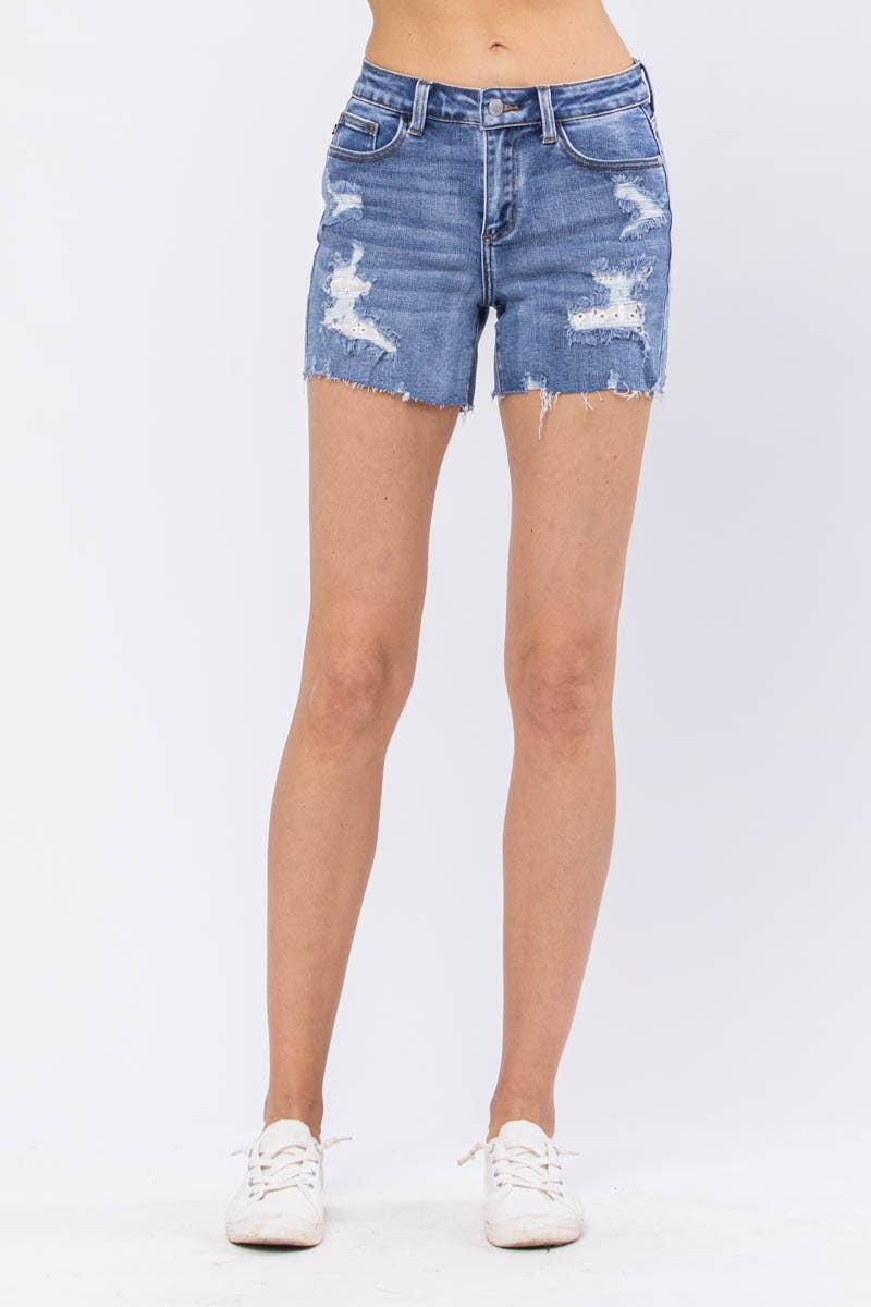 “Lacey” - Lace Patch/Distressed Shorts
