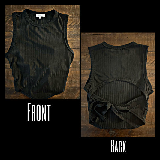 Ribbed Black Tie Back Top